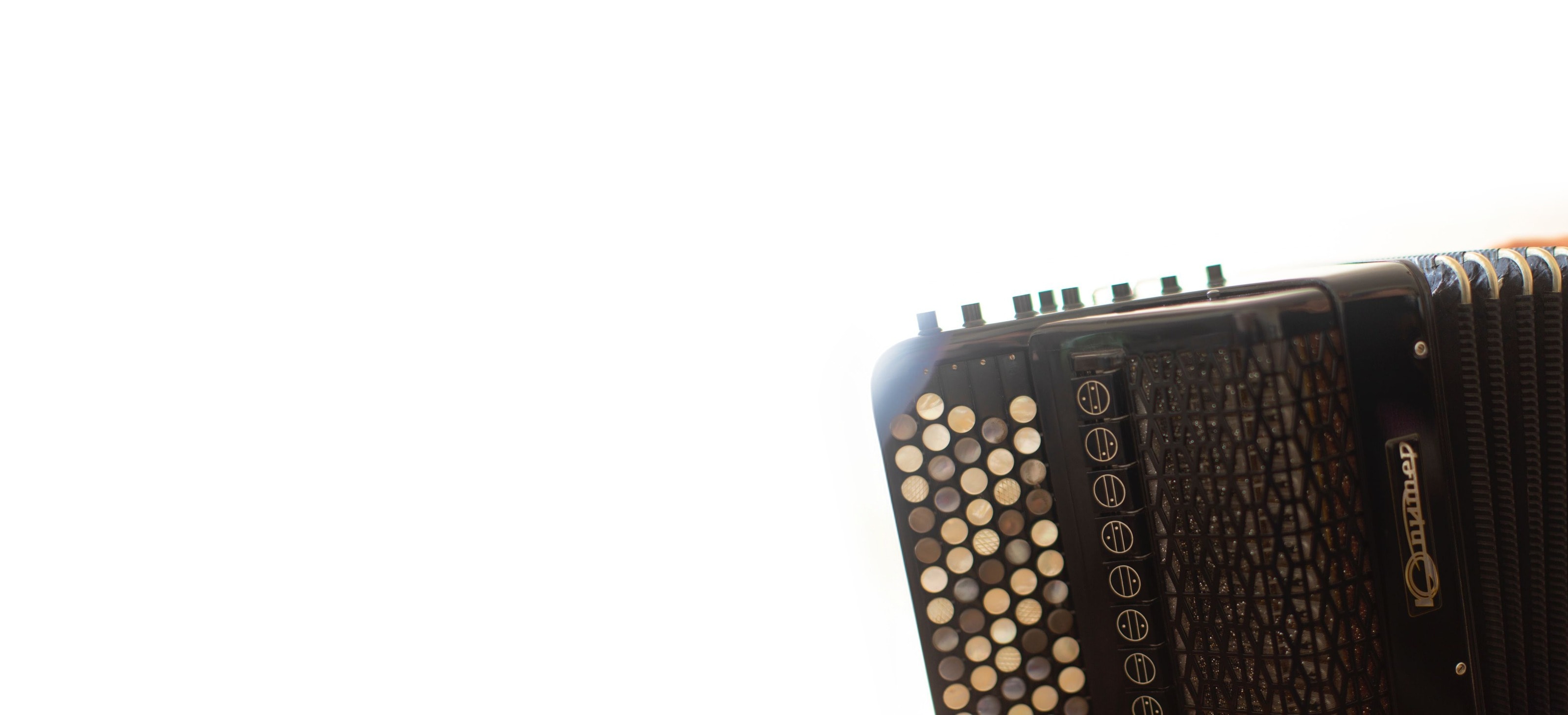 A button accordion against a white wall